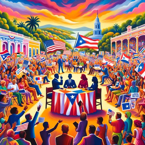 A colorful political landscape in Puerto Rico with diverse citizens engaging in voting and discussions, showcasing symbols of different political parties.