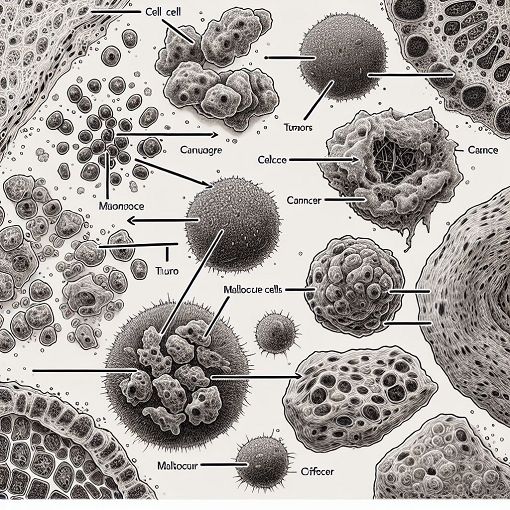 A detailed illustration of cancer cells and tumors under a microscope, highlighting differences between benign and malignant cells, with educational labels and arrows.