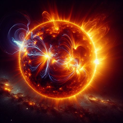 Create an image of the Sun with solar flares and bright plasma, illustrating nuclear fusion processes visually, with space in the background.