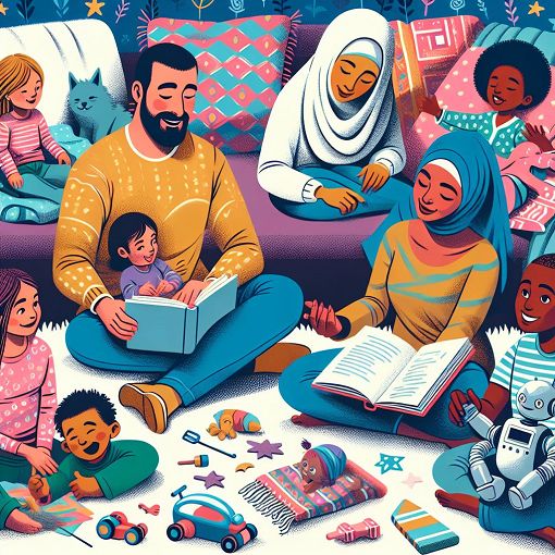 A vibrant illustration of diverse individuals displaying different dynamics in relationships, surrounded by playful and comforting elements like blankets and toys.