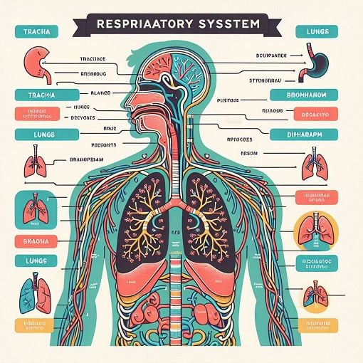 Anatomy diagram of the human respiratory system with labels, educational and clear, vibrant colors, infographic style