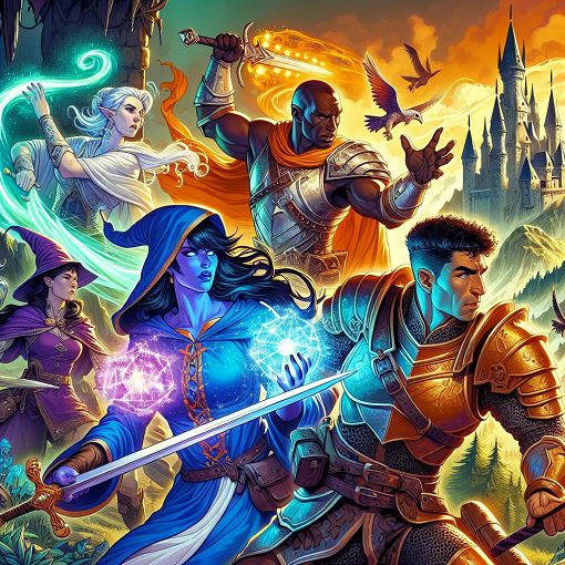 A vibrant illustration of diverse D&D characters, including a wizard casting a spell, a warrior brandishing a sword, and a rogue sneaking in the shadows, set in a magical fantasy landscape with castles and forests, bright colors, dynamic action poses.