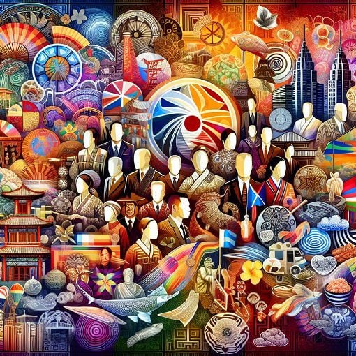 A vibrant collage showcasing Asian American and Pacific Islander cultural symbols, landmarks, and influential figures with a colorful background reflecting diversity.