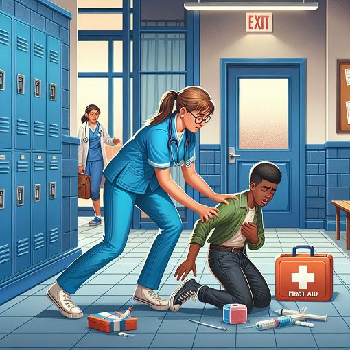 A vibrant illustration depicting a school medical emergency scene, showing a teacher assisting a student who has fallen, with first aid supplies in the background and a nurse's office visible.