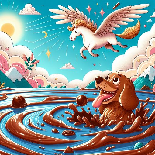 A whimsical illustration depicting different whimsical choices, like a chocolate pool, a talking dog, and a flying horse. Bright and colorful with a lighthearted tone.