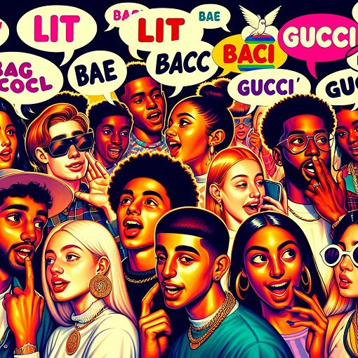 An illustration of young people using modern slang in conversations, with vibrant colors and dynamic expressions, focusing on words like 'lit', 'bae', and 'gucci'.