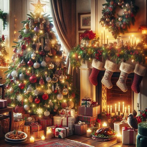 A cozy Christmas scene with a decorated tree, gifts, and traditional Christmas foods, evoking a festive and warm atmosphere.