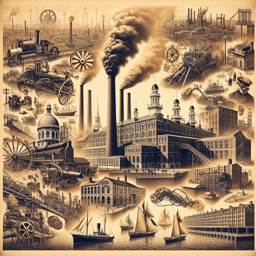 A historical collage of Baltimore's industrial sites, featuring the harbor, factories, and iconic inventions, in a vintage style.