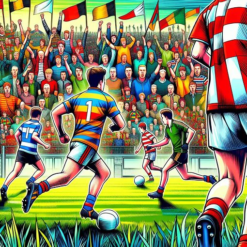 A vibrant illustration of a GAA football match featuring players in Ilen Rovers jerseys, set on a sunny day at a local sports field, with fans cheering in the background.