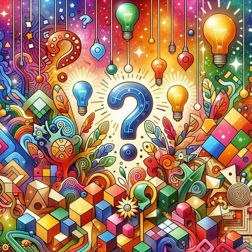 A whimsical illustration featuring colorful brain teasers, riddles, and playful elements like question marks and light bulbs in a vibrant setting