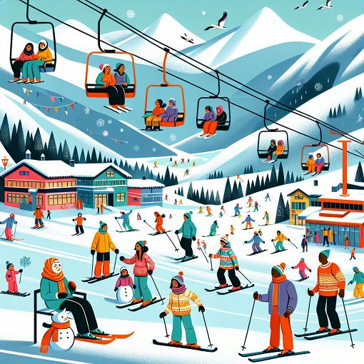 A whimsical illustration of a ski resort with vibrant chairlifts, snowy mountains, and skiers having fun, capturing the lively atmosphere of Steamboat Resort.