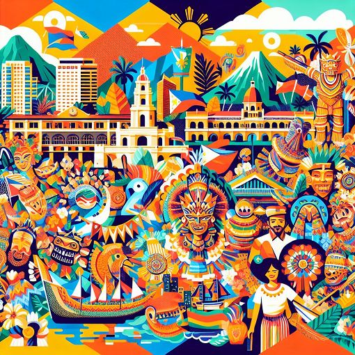 A vibrant and colorful collage representing Filipino culture, featuring landmarks like Intramuros and Mayon Volcano, traditional festivals, and symbols of Filipino heritage.