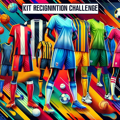 A vibrant collage of various sports kits including football, baseball, and netball with a colorful background and a Kit Recognition Challenge title overlay.