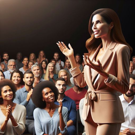 A vibrant image of a confident speaker addressing an engaged audience with expressive gestures, emphasizing key points and connected emotionally with listeners.