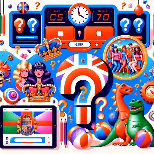 A vibrant image featuring various quiz-related elements such as question marks, colorful illustrations of iconic things from British culture (like the Queen, a Spice Girls album cover, and dinosaurs), and a quiz interface.