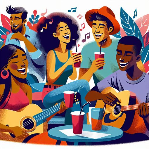 A vibrant and humorous illustration depicting a group of diverse young adults engaging in social activities, drinking, and having a good time, with a playful and energetic aesthetic.