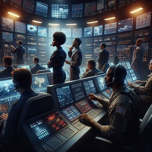 Create an image of a military control room with personnel monitoring combat systems, surrounded by screens displaying tactical data and safety procedures, with a focus on teamwork and high-stakes decision making.