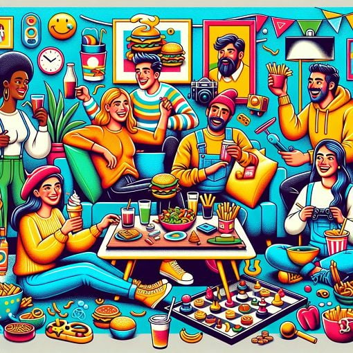 A whimsical illustration of a group of friends in a living room, featuring humorous interactions and various objects related to fast food, games, and TV shows, all with a colorful and playful design.