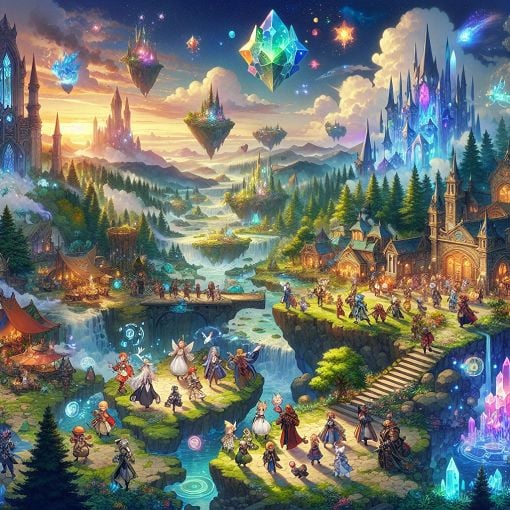 A fantasy world inspired by an MMORPG, featuring colorful characters, magical landscapes, and items like potions and stars, with a nostalgic vibe.