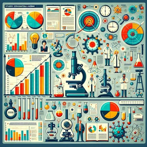 A colorful infographic depicting statistics, historical data, and famous scientists, with an educational theme.