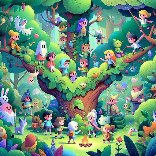 A colorful, whimsical forest scene with quirky cartoon characters representing friendship and personal exploration, highlighting elements of adventure and meaningful choices.