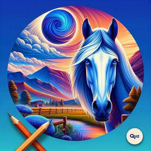 A vibrant illustration featuring a horse with blue eyes and a scenic background representing friendship and adventure, suitable for a quiz theme.