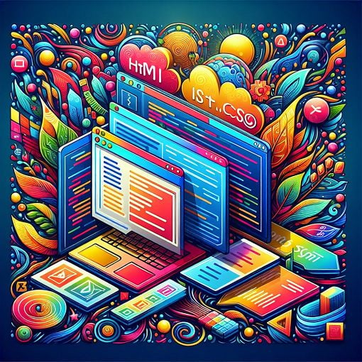 A vibrant and colorful digital illustration depicting the concepts of HTML and CSS, such as code snippets, web pages, and design elements.