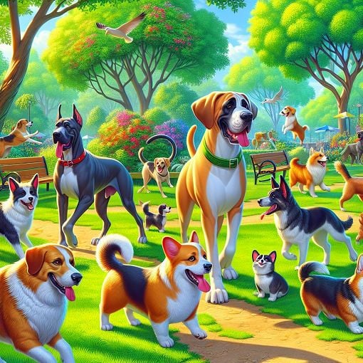 A vibrant and colorful illustration of various dog breeds, including a Great Dane, Labrador Retriever, and a Corgi, interacting in a park setting under a sunny sky