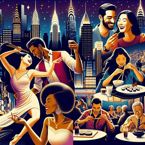 A colorful illustration featuring friends enjoying different types of nightlife activities, like dancing, chilling with sushi, and watching movies, set in an urban environment.