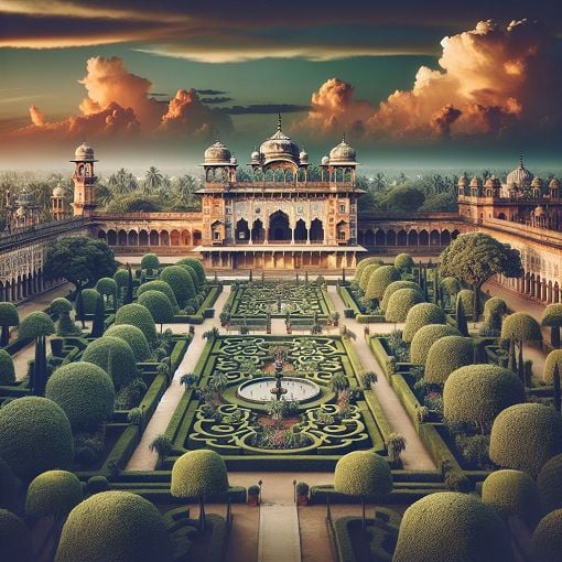 A detailed illustration of a Mughal palace surrounded by lush gardens and a majestic skyline, highlighting the architectural style and cultural richness of the Mughal Empire.