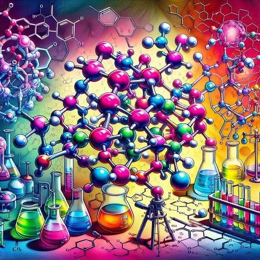 A vibrant chemistry-themed illustration depicting various hydrocarbon structures, reactions, and laboratory equipment in a colorful setting.