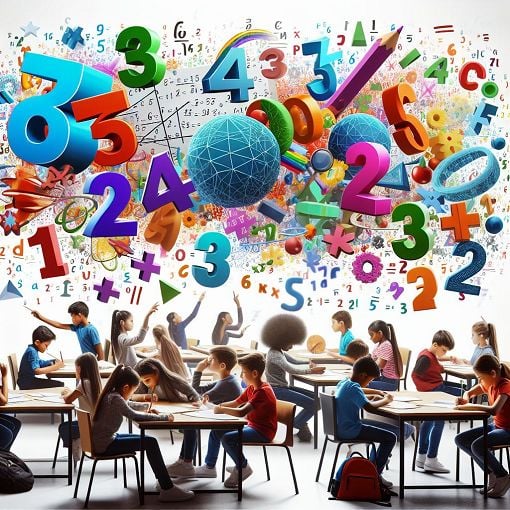 Create an image depicting children or students engaging with various math problems, with colorful numbers and equations in the background.