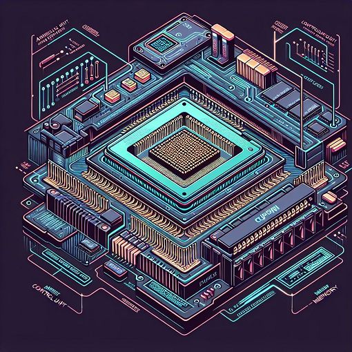 A detailed illustration of a CPU with labeled components and flow diagrams showcasing its fun<wbr>ctions in a computer system, with a modern tech theme.