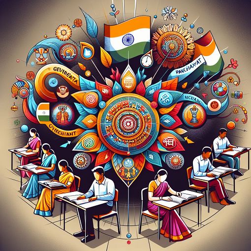 A vibrant and engaging graphic showcasing elements of Indian governance, including symbols of panchayat, a diverse group of exam aspirants studying, and traditional educational motifs.