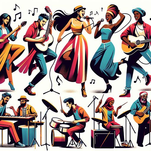 A colorful, energetic illustration of diverse characters representing different talents in music and dance, with a vibrant background inspired by K-pop culture.