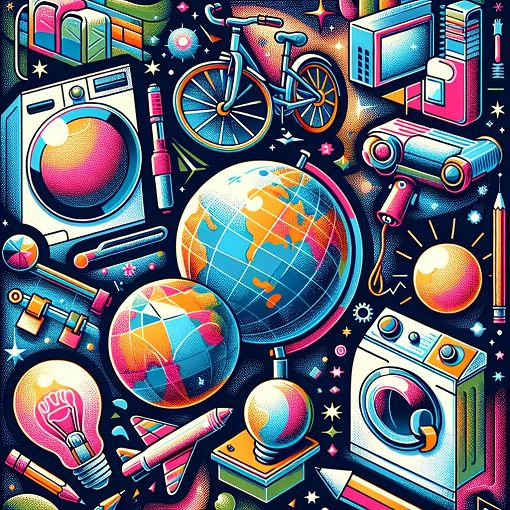 Create an engaging and colorful illustration featuring various everyday objects such as a bike, globe, washing machine, light bulb, and telescope, in a vibrant quiz-like setting.