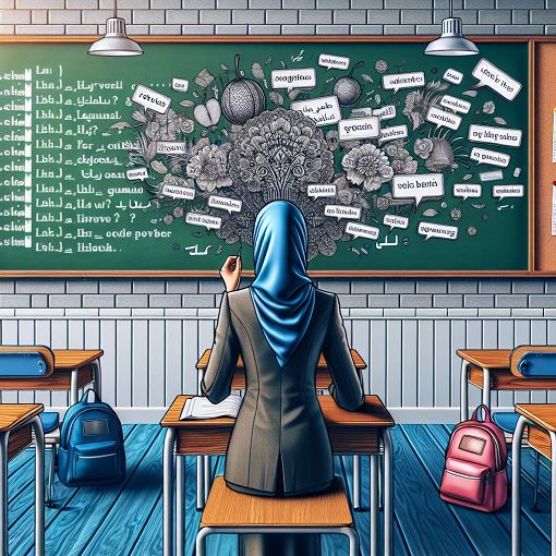 A vibrant illustration of a person taking a quiz with sentences and verb forms floating around, in a classroom setting.