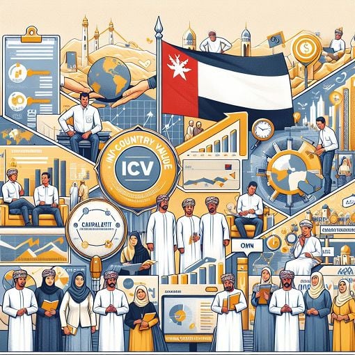 A detailed illustration representing In-Country Value (ICV) in Oman, showcasing local business development, human capability training initiatives, and economic growth, with symbols like Omani flags, workforce training scenes, and charts depicting economic improvement.