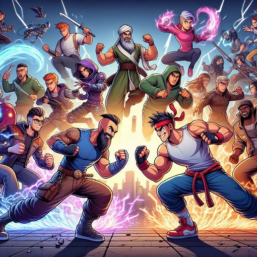 Create an image of colorful cartoon characters engaged in a competitive gaming arena, inspired by a blend of melee, ranged, and hybrid fighting styles, with energy effects and a dynamic background to represent a vibrant gaming atmosphere.