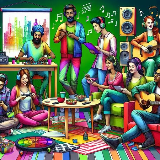 A vibrant, colorful illustration of a diverse group of friends hanging out in a creative greenroom setting, enjoying various activities like movies, music, and games.