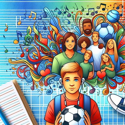 A vibrant image showcasing a colorful quiz theme with illustrations of music, family, and sports, representing a teenager's interests and personality.