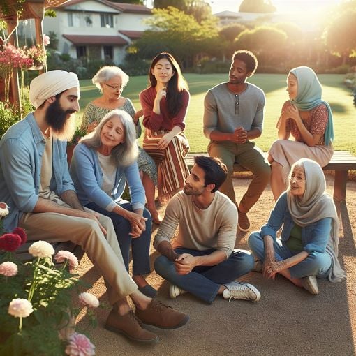 A serene and reflective scene depicting people connecting emotionally, perhaps in a park setting, showcasing empathy and communication.