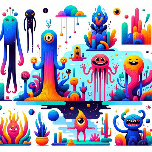 A colorful, whimsical illustration of various quirky characters, each representing different moods and personalities, with vibrant colors and playful designs in a fantastical setting.