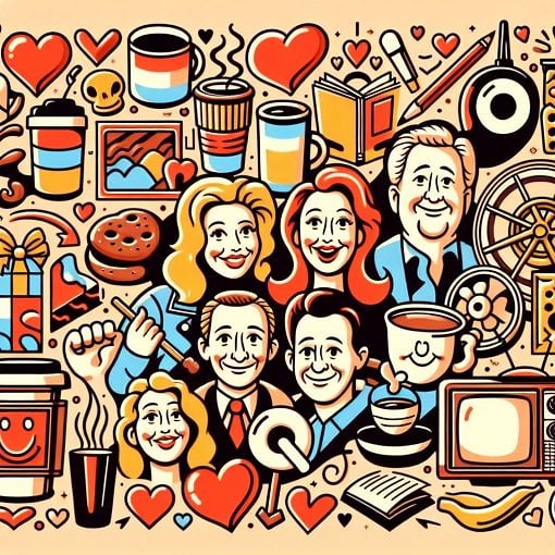 A whimsical and humorous illustration featuring iconic symbols of romance and friendship inspired by the TV show Friends, with elements like coffee cups, hearts, and a quirky retro aesthetic.