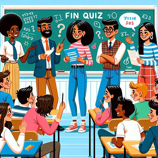 Create an engaging and colorful illustration of a group of diverse teachers in a classroom setting, with students participating in a fun quiz, showcasing their personalities and interactions.