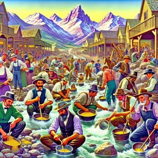 A vibrant illustration of a 19th-century gold rush scene, featuring miners panning for gold in a river, a bustling town, and the Sierra Nevada mountains in the background.