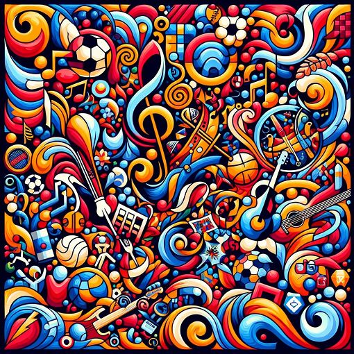 A colorful and vibrant abstract representation of personal preferences, showcasing diverse colors, hobbies, and interests, with elements like music notes, sports symbols, and festive designs.