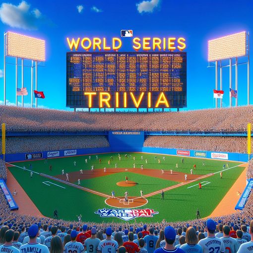 Create an image of a baseball field with a prominent scoreboard displaying 'World Series Trivia', surrounded by fans wearing jerseys of different MLB teams, with a bright blue sky.