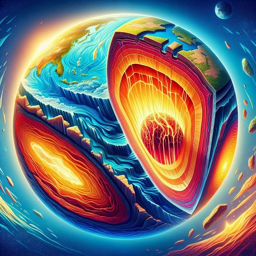 Generate an image of tectonic plates shifting beneath the Earth's surface, with vibrant colors showing different layers of the Earth, including the crust, mantle, and core, in a scientifically engaging illustration.