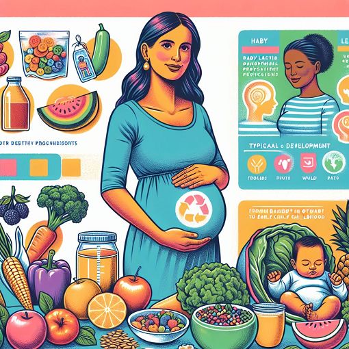 A vibrant and informative illustration depicting pregnancy nutrition, featuring healthy foods, a pregnant woman, and an infant's growth chart.